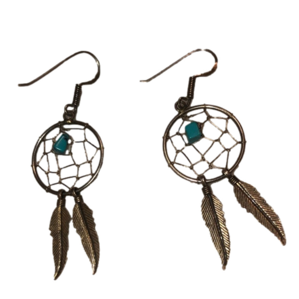 VTG Sterling & Turquoise Accent Feathers Dreamcatcher Earrings 22”